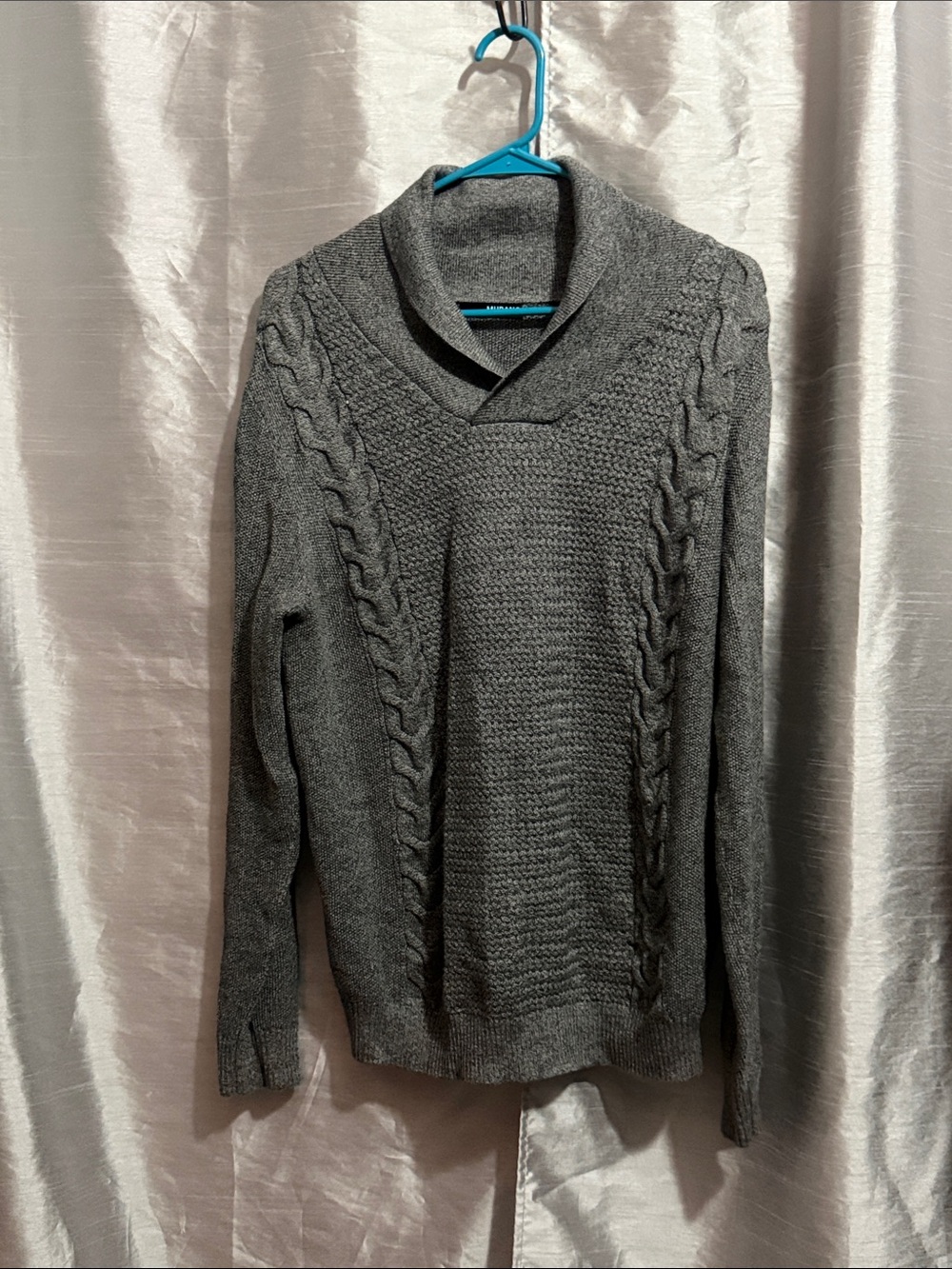 Murano Gray Shawl Collar V-Neck Cable Knit Sweater